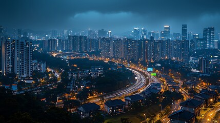 Naklejka premium Night cityscape, urban highway, illuminated buildings, residential areas. Stock photo