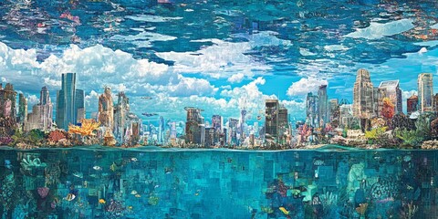 Obraz premium Apocalyptic cityscape divided by water and sky reflections
