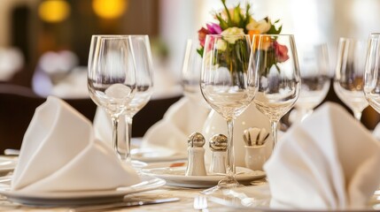 A dining table set with linen napkins and elegant tableware.