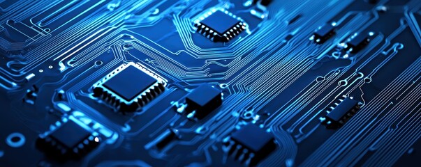 Electric blue circuit board with dynamic motion effects, symbolizing speed, innovation, and next-gen computing