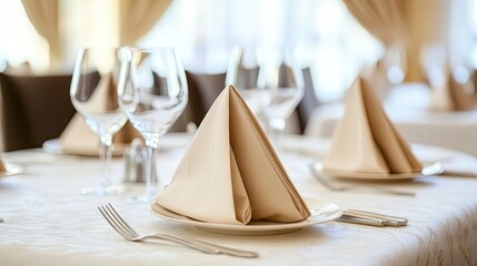 A dining table set with linen napkins and elegant tableware.