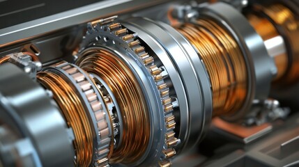 Fototapeta premium Close-up of intricate mechanical components showcasing copper wiring and metal gears in a machine