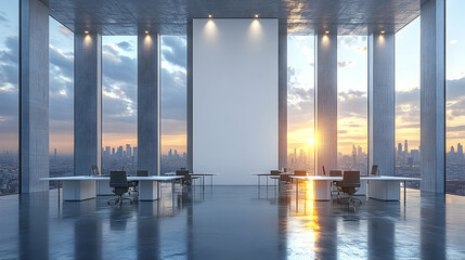 Fototapeta premium 3D Illustration Modern Office Interior Design Sunset City View Workspace Architecture Desk Chair Concrete Columns