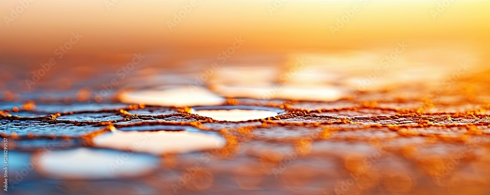 Poster weathering process concept. a close-up view of dew-covered surfaces illuminated by the golden light 