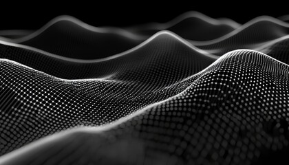 3D wireframe mesh of floating points and lines, forming an abstract futuristic network on a dark sci-fi background