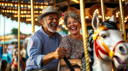 A joyful senior couple laughs while riding a carousel at an amusement park, reliving childhood memories and enjoying a carefree moment