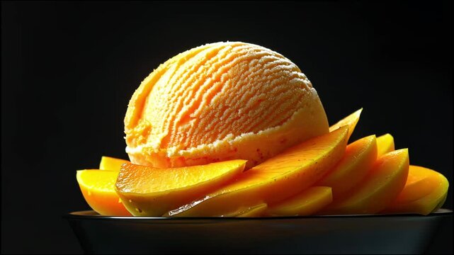 Scoop of mango ice cream. Yellow scoop of ice cream with mango pieces next to it. Ice cream advertising concept.