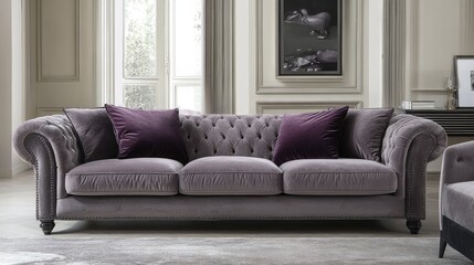 Fototapeta premium A luxurious living room featuring a velvet sofa with plush cushions.