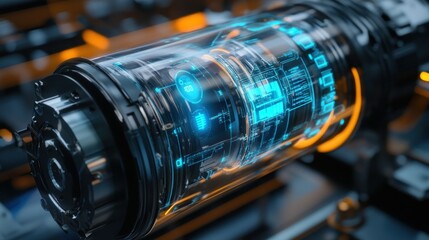 Fototapeta premium Futuristic energy core with glowing blue circuitry and orange accents in a high-tech environment