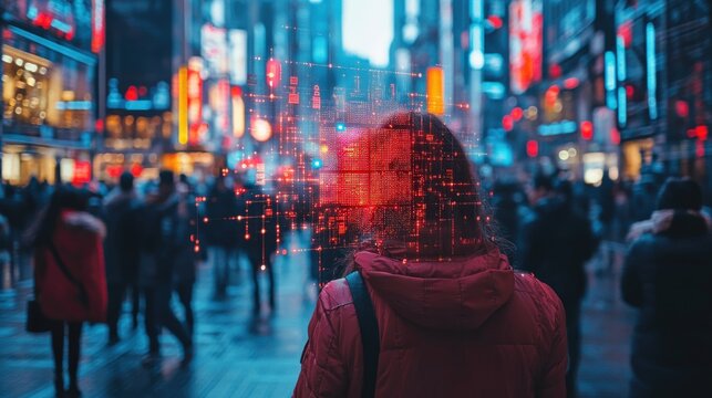 Urban Street With Colorful Lights and a Person Walking in a Digital Landscape. Generative AI