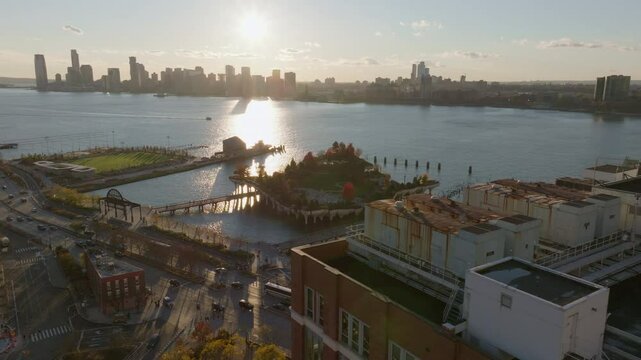 Aerial view of Harlem, featuring Marcus Garvey Village complex in Manhattan, George Washington Bridge background