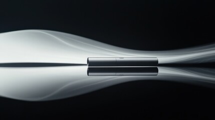 A vaping device on a reflective black surface, softly illuminated. Featuring smooth, futuristic design and vapor trails