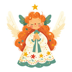 Cute angel girl with wings, dress decorated with stars.
