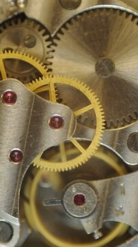 Metal Cogwheels inside clockwork. Macro. Concept Eternity, Teamwork , Idea Technology. Tick-Tick Sound