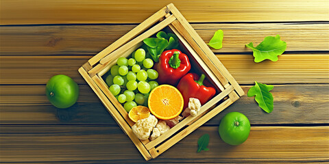 A wooden crate filled with an assortment of colorful fruits like grapes, apples, and oranges, set against a bright background with a natural, organic feel.