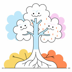 Cute Four Seasons Tree Illustration: Pastel Colors, Happy Faces.