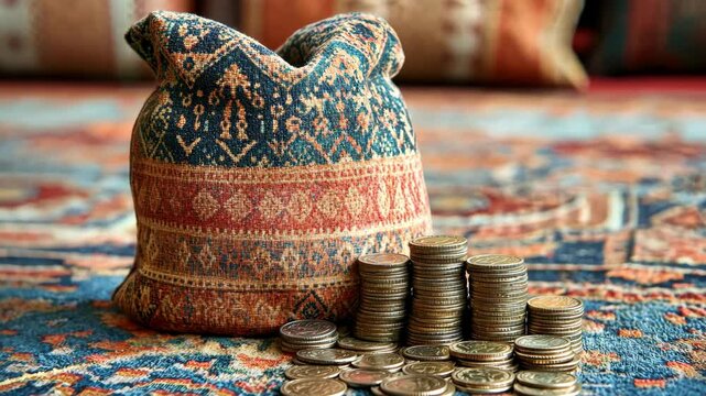 Oriental style: a money bag next to a stack of coins, symbolizing savings, stability and financial support, representing zakat, sadaqat al-fitr and charity.