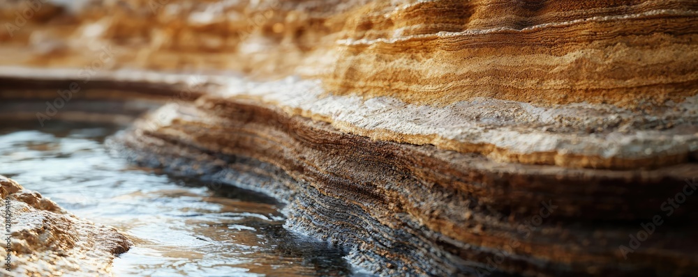 Aufkleber weathering process idea. a close-up view of layered rocks beside a serene water stream, showcasing n