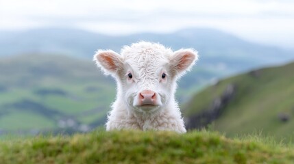 Obraz premium White calf gazing, hillside pasture, mountains background; agriculture