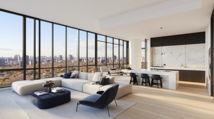 A modern minimalist condo living room with neutral colors and sleek furniture.