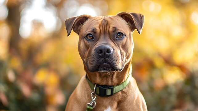 Pitbull Dog Looking Forward in Autumn Light / 秋の光の中で前を見つめるピットブル犬