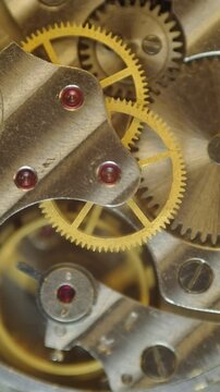 Metal Cogwheels inside clockwork. Macro. Concept Eternity, Teamwork , Idea Technology. Tick-Tick Sound