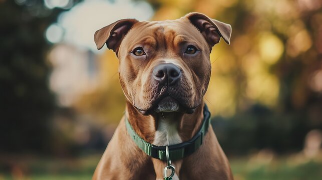 Pitbull Dog Portrait with Green Collar Outdoors / 緑の首輪をつけた屋外のピットブル犬の肖像