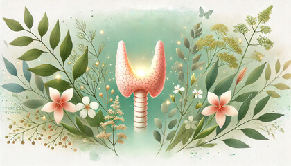 An artistic representation of the thyroid gland surrounded by nature, symbolizing health, balance, and vitality. Generated AI.