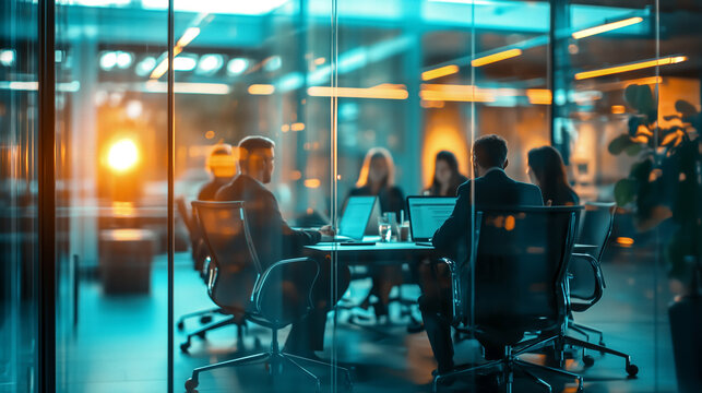 Corporate meeting in glass conference room. Team collaboration and discussion, backlit by sunset, creating a dynamic atmosphere.