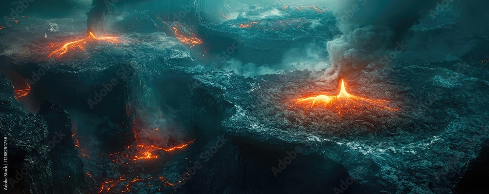 Poster weathering process idea. a stunning view of erupting volcanoes and flowing lava creating a dramatic 