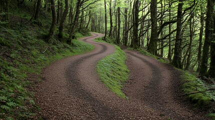 Fototapeta premium Winding Forest Path with Sunlight Dappled Through Trees