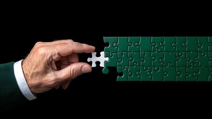Closeup of Hand Placing Final Piece of Dark Green Jigsaw Puzzle on Black Background