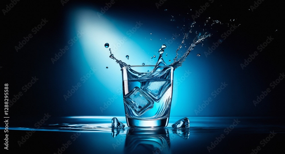 Leinwandbilder clear glass of water and ice cubes with dynamic splashes. set against a dark blue backdrop with a br