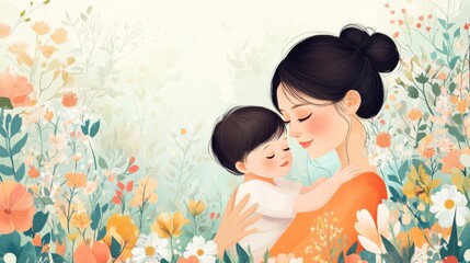 A mother's love! A loving scene of a mother holding her child, with a soft, dreamy background. Vector art