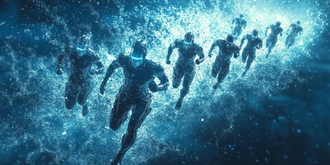 Row of futuristic figures running through a digital water space