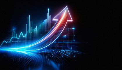Fototapeta premium Vibrant neon arrow and graph lines glow against a dark backdrop, symbolizing growth and positive trends. The image evokes a sense of digital progress and futuristic advancement.