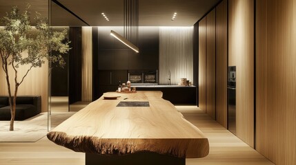 A spacious dining area with a long wooden table and pendant lighting.