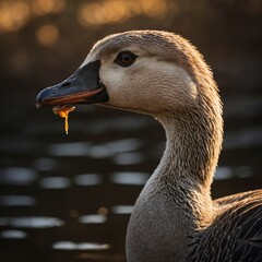 A goose with a golden glow around its beak and feet, creating contrast.