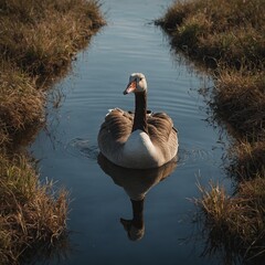 A symmetrical composition with a single goose in the center.