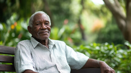 Fototapeta premium Elderly African-American man sitting on a wooden bench in a lush green park