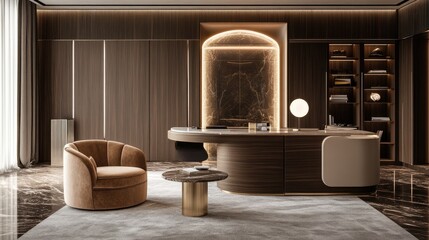 A stylish office with a velvet armchair and a sleek wooden desk.