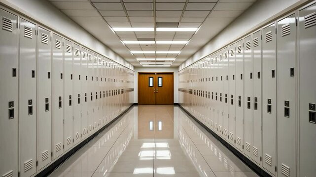 Empty High School Hallway with Lockers, Serene, Reflective Educational Space, Perfect for Back to School, Education Content