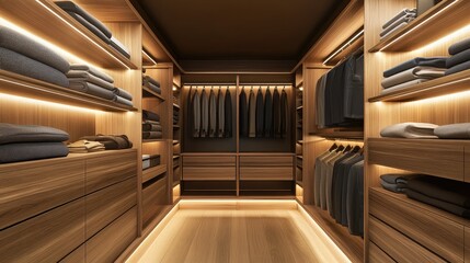 Obraz premium A stylish walk-in closet with wooden shelves and elegant lighting.
