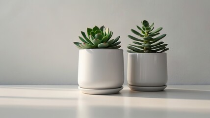 Two Potted Succulents in White Pots on White Background