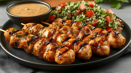 Photo Grilled Chicken Skewers, Tabbouleh Salad, Peanut Sauce