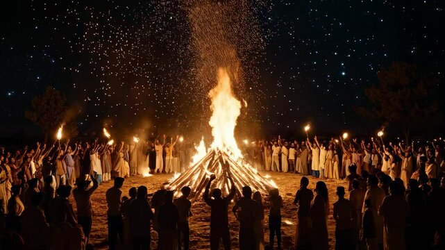 A Vibrant Night Celebration Around a Fiery Bonfire with Dancing Flames and a Starry Sky, Captured in a Community Gathered for a Festival