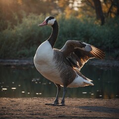 A goose in an elegant ballet-like pose, standing on one foot.