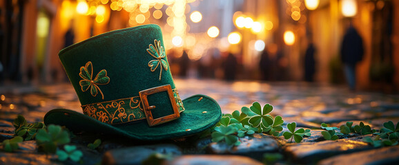 A green leprechaun hat with a golden buckle and shamrocks lying on cobblestone street, with bokeh...