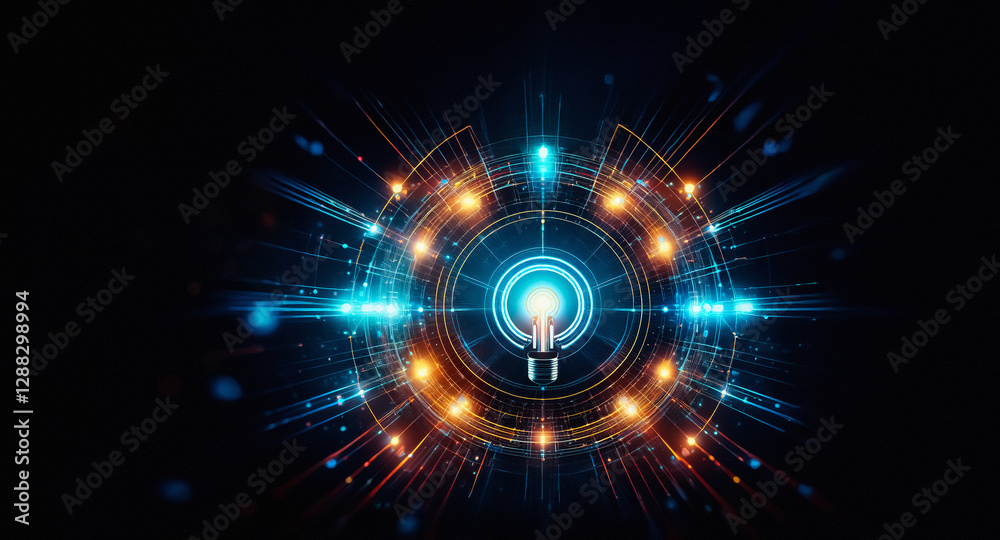 Poster Abstract digital artwork featuring a central glowing sphere surrounded by concentric circles and radiating lines in blue and orange hues against a dark backdrop.