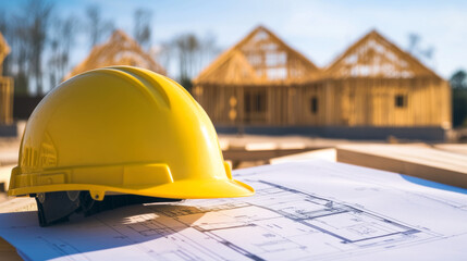 A yellow hard hat rests on architectural blueprints at a construction site where new houses are being framed. The sun casts a warm glow over the actively developing neighborhood under clear skies